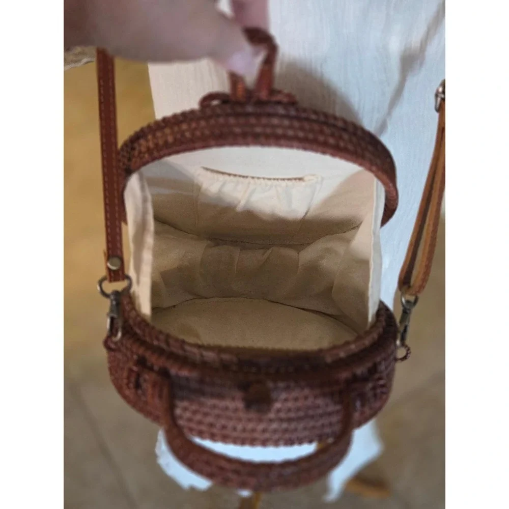 Round Woven Rattan Crossbody Bag Dark Brown Circle Canteen Purse Boho Summer